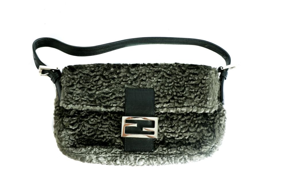 FENDI GREY CURLY LAMB BAGUETTE