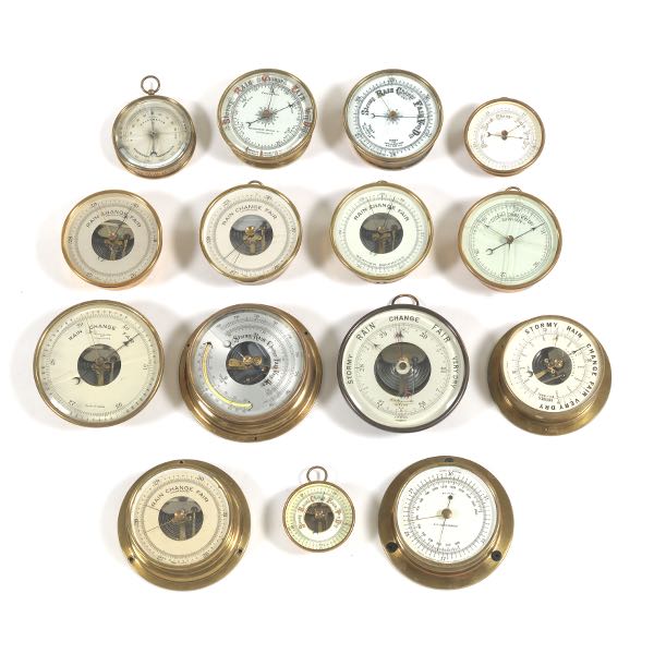 FIFTEEN BRASS CASED BAROMETERS