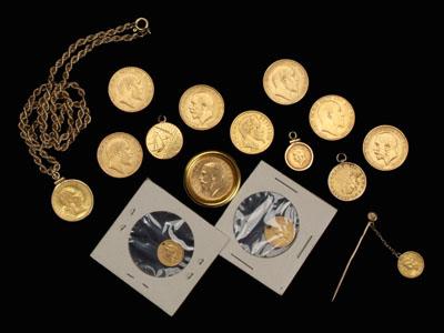 Fifteen gold coins: six U.S.: two