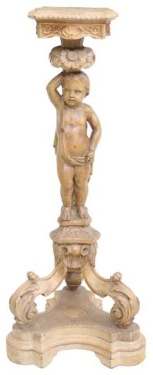 FIGURAL CARVED PINE PEDESTAL/ PLANT