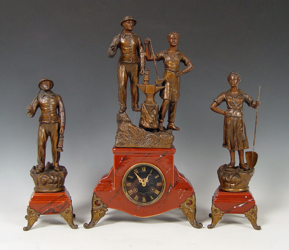 FIGURAL CLOCK GARNITURE SET: Cast