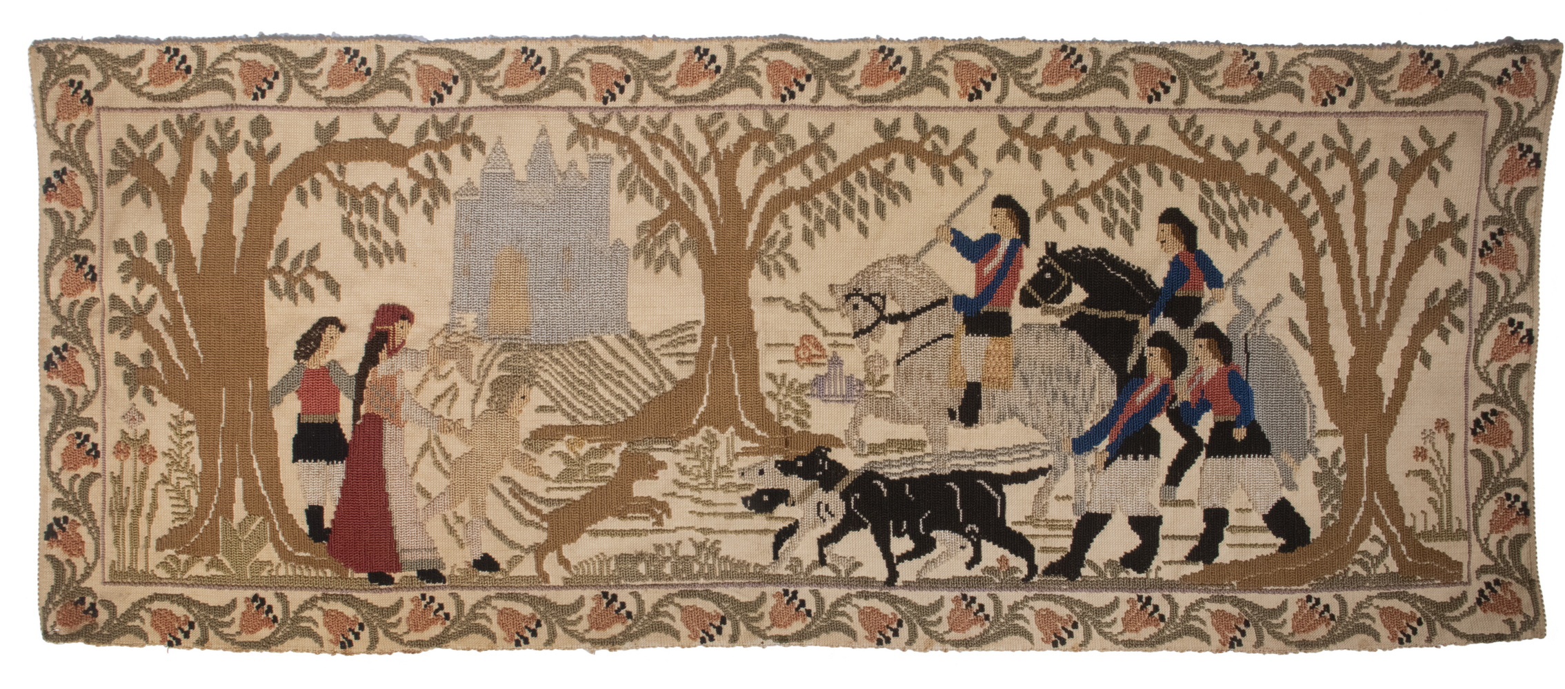 FIGURAL CREWELWORK WALL HANGING