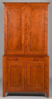 FIGURED CHERRY TWO PIECE CUPBO
