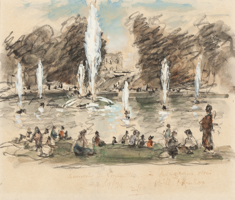 Figures near fountains at