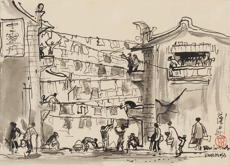 Figures on a street with laundry