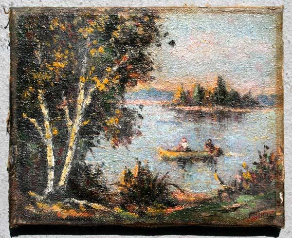 FIGURES PADDLING IN A CANOE: