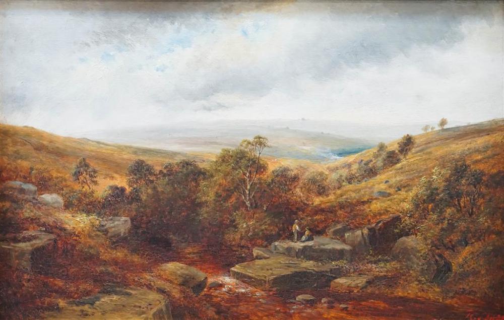 FIGURES SEATED ON ROCKY OUTCROP,