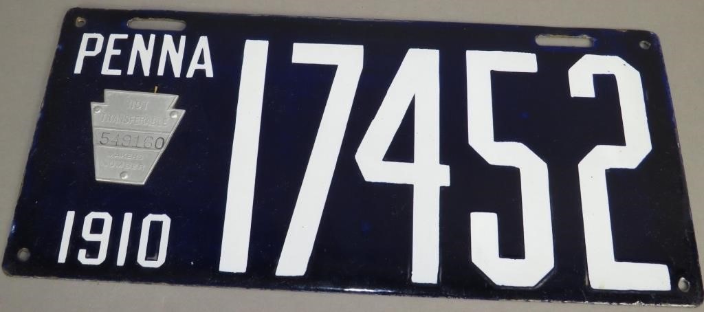 FINE 1910 PA ENAMELED LICENSE PLATE