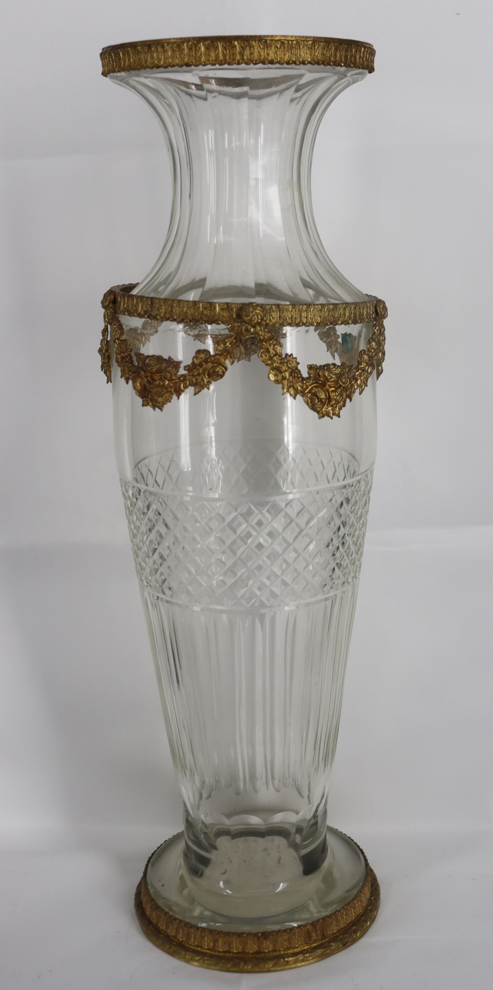 FINE BRONZE MOUNTED CUT GLASS VASE.