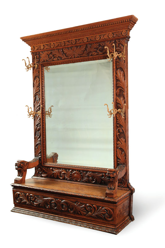 FINE CARVED HALL SEAT.  American 