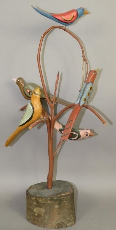 FINE FOLK ART FIVE BIRD TREE BY DAN