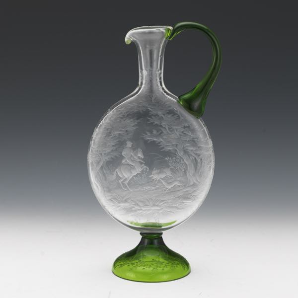 FINE GLASS EWER WITH ETCHED BOAR