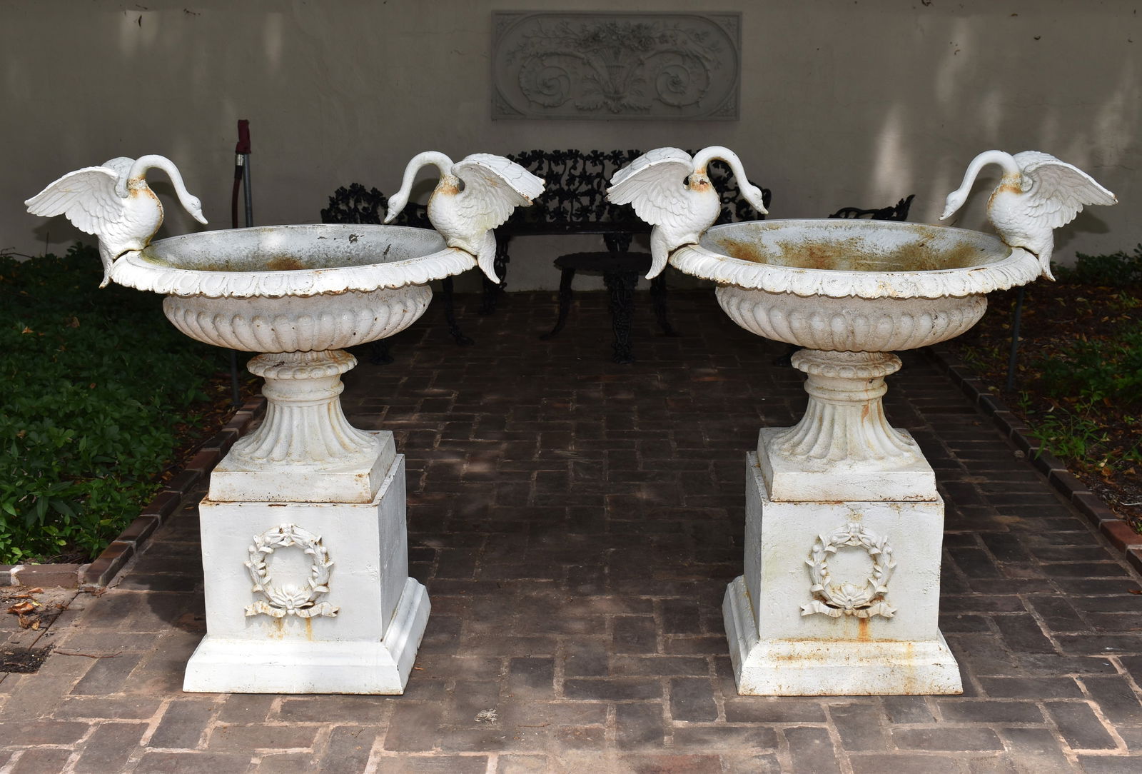 FINE PAIR OF CAST IRON SWAN