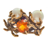 FIRE OPAL, CULTURED PEARL, 14K
