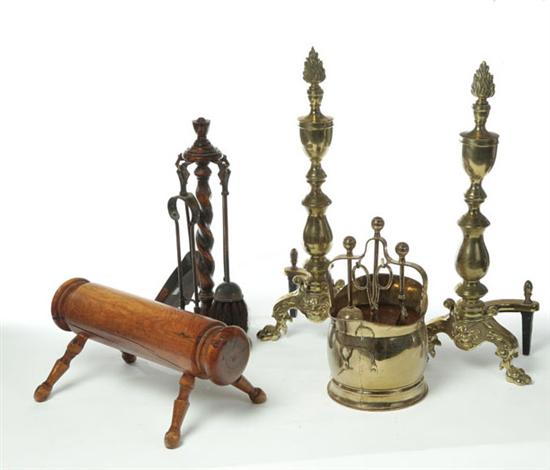 FIREPLACE ITEMS AND FOOTSTOOL. 