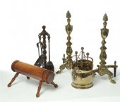 FIREPLACE ITEMS AND FOOTSTOOL.