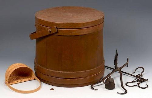 FIRKIN BUCKET, OAK BASKET, IRON