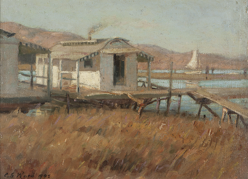 Fishing shacks and sailboat