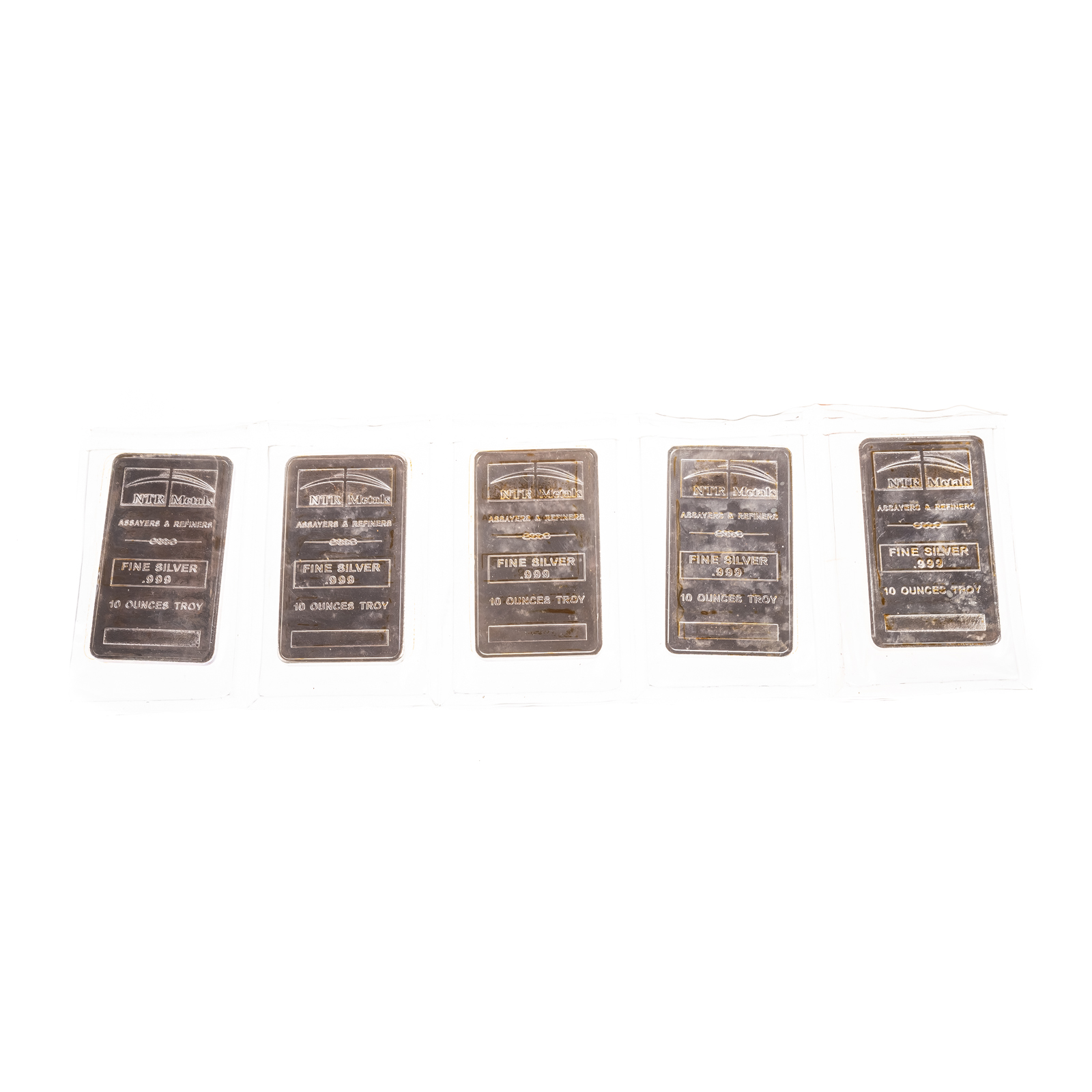 FIVE 10 OUNCE SILVER BARS .999