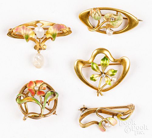 FIVE 14K GOLD AND ENAMEL