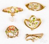 FIVE 14K GOLD AND ENAMEL BROOC