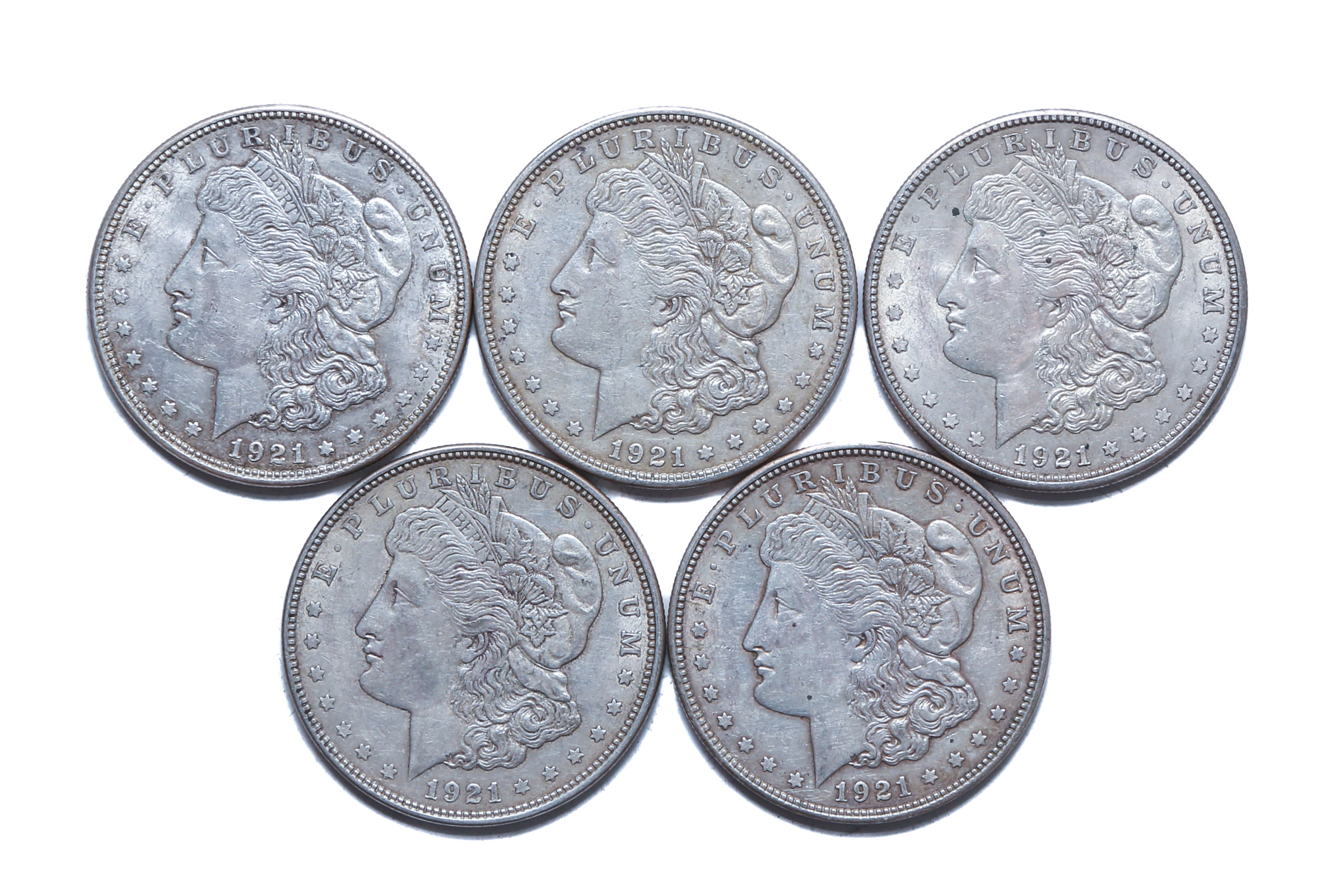 FIVE 1921-D MORGAN DOLLARS 3-XF,