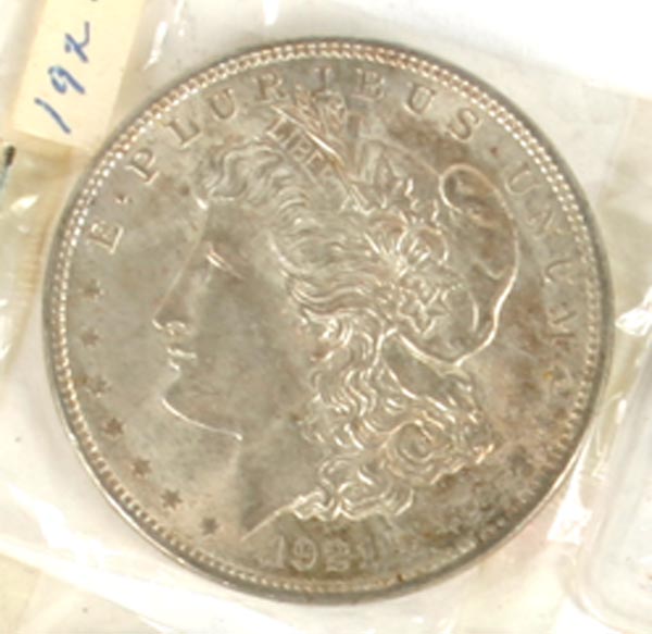 Five 1921 Morgan Silver Dollars