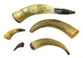 FIVE 19TH C. POWDER HORNS; TWO