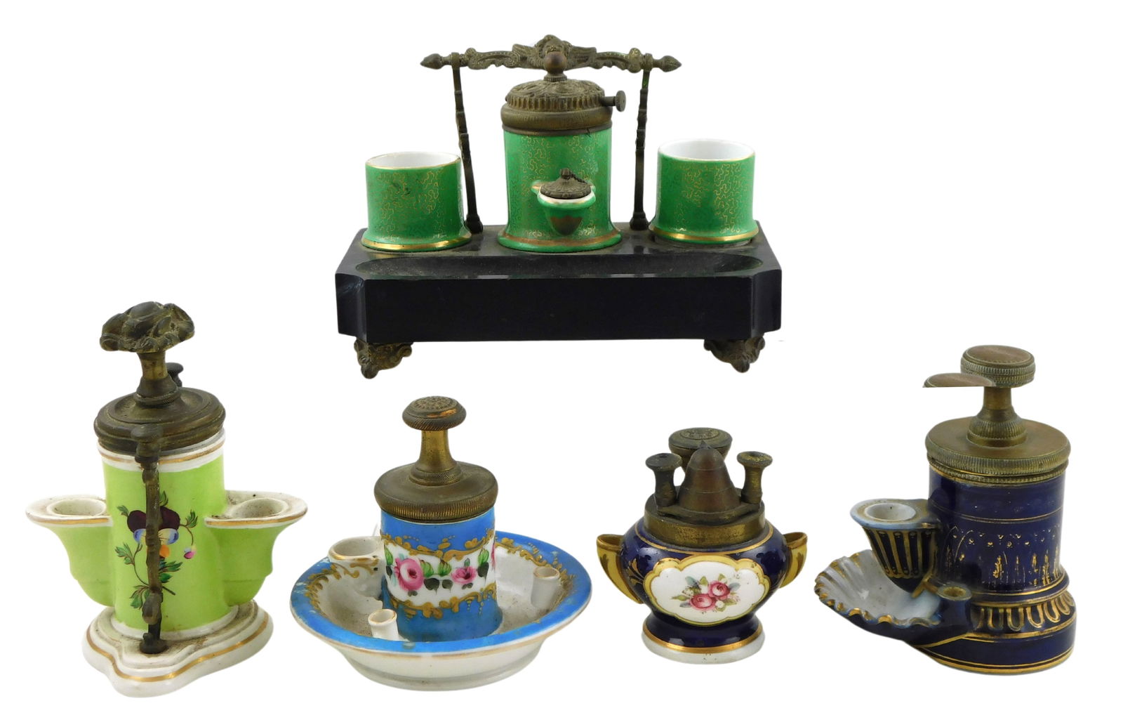 FIVE 19TH C. PUMP INKWELLS,