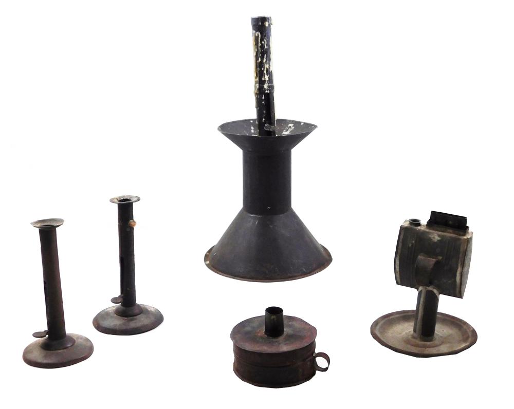 FIVE 19TH C. TIN LAMPS AND CANDLE
