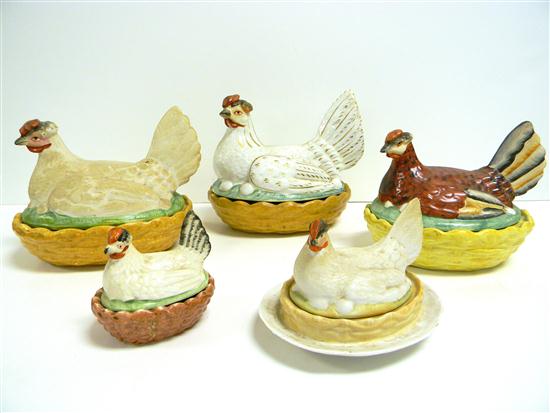 Five 19th century Staffordshire hen