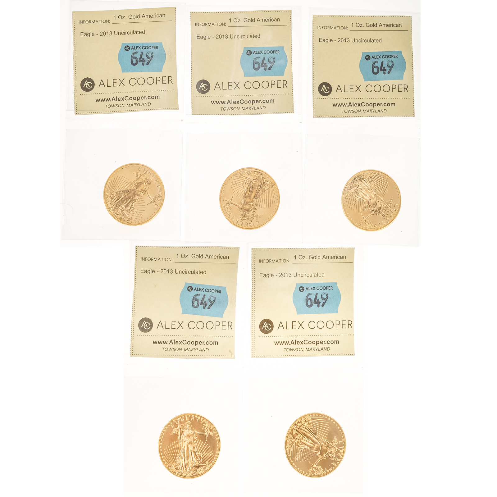 FIVE 2013 $50 1 OUNCE GOLD AMERICAN