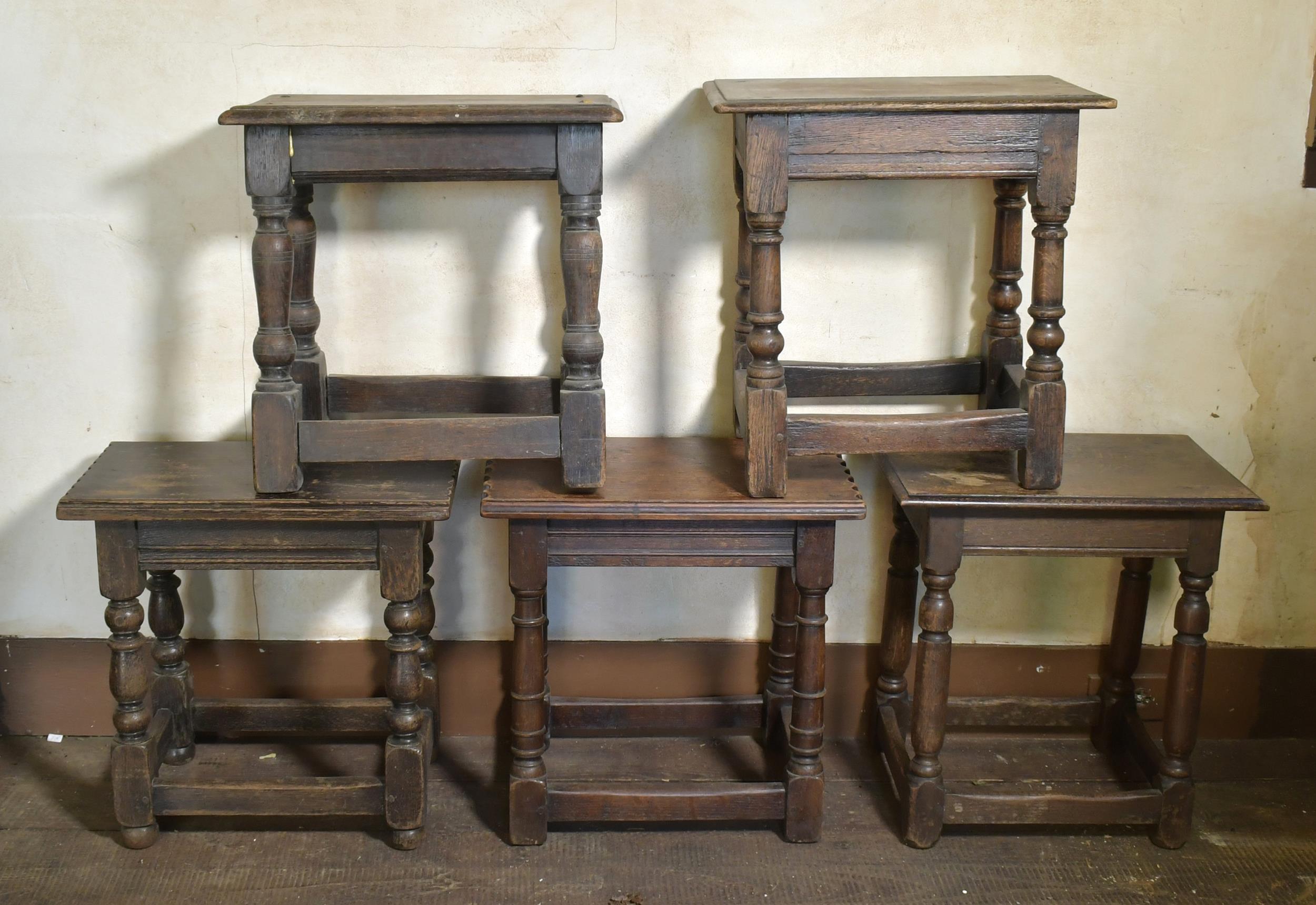 FIVE 20TH C. OAK JOINT STOOLS. Five
