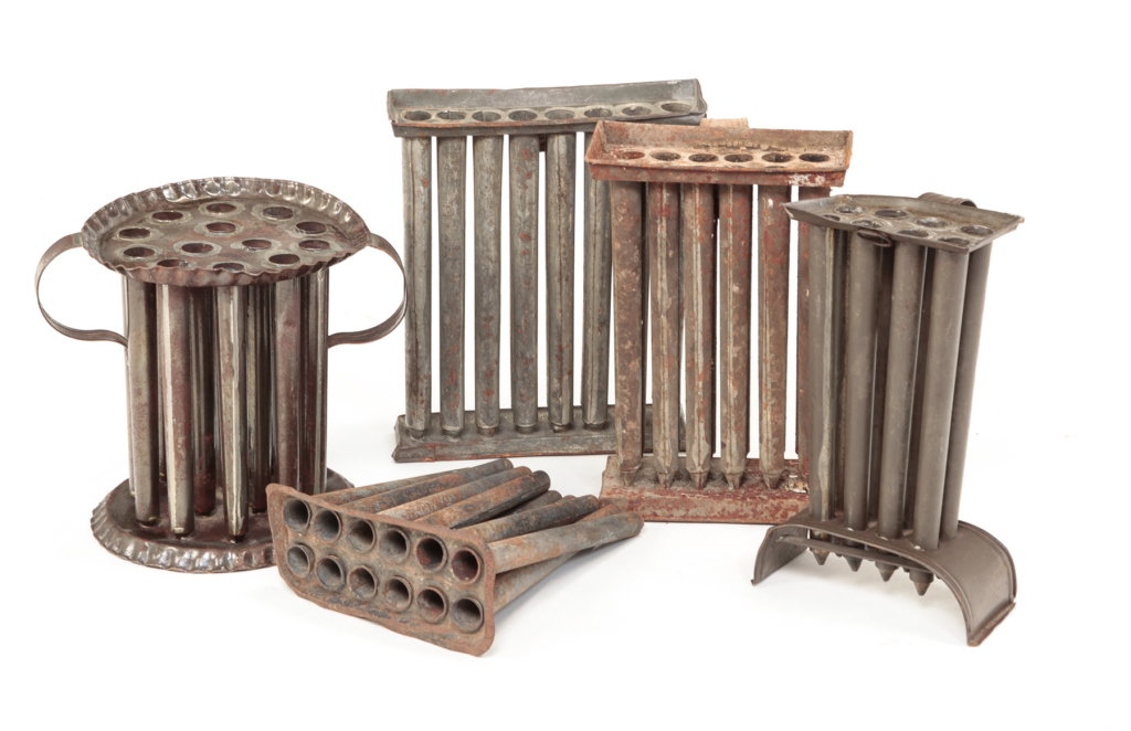 FIVE AMERICAN CANDLE MOLDS.