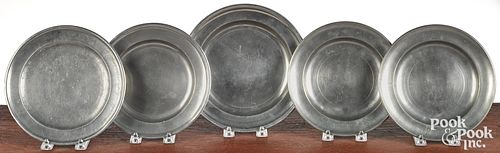 FIVE AMERICAN PEWTER PLATES,