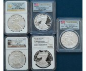 Five American silver Eagle one