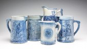 FIVE AMERICAN STONEWARE PITCHE