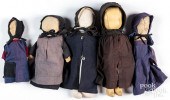 FIVE AMISH DOLLS, EARLY TO MID