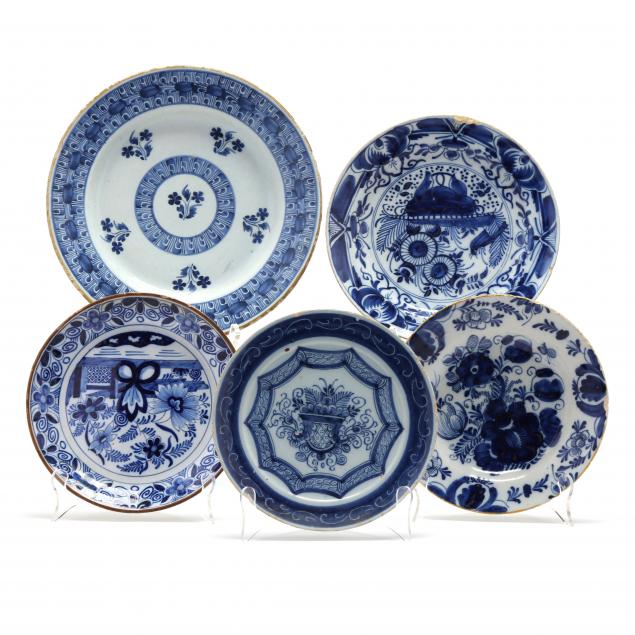 FIVE ANTIQUE DUTCH DELFT BLUE AND