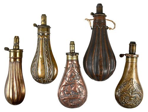 FIVE ANTIQUE POWDER FLASKS19th