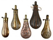 FIVE ANTIQUE POWDER FLASKS19th
