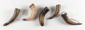FIVE ANTIQUE POWDER HORNS 19TH