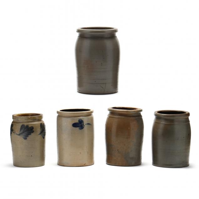 FIVE ANTIQUE SALT GLAZED STORAGE