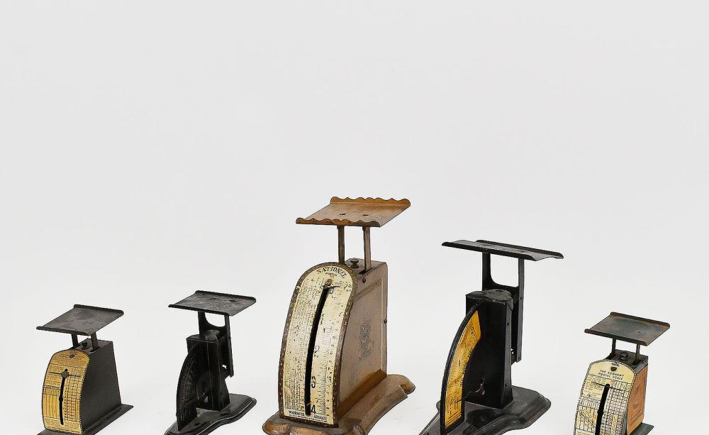 FIVE ANTIQUE TOLE POSTAGE