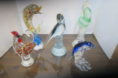 FIVE ART GLASS BIRDS AND DOLPH