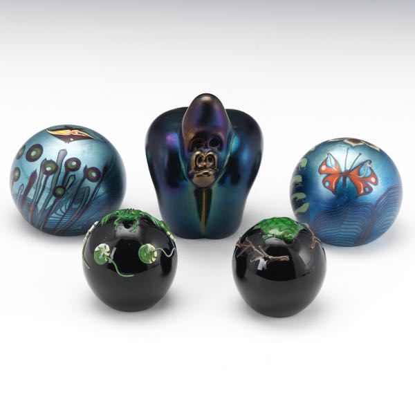 FIVE ART GLASS PAPERWEIGHTS,