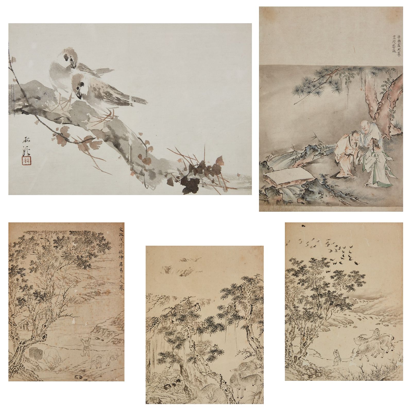 FIVE ASIAN FRAMED WATERCOLORS AND