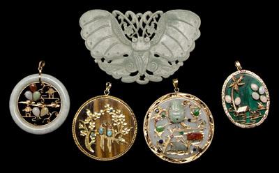 Five Asian pendants: one oval