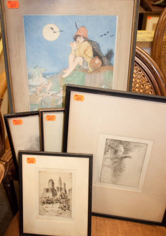 Five assorted framed prints