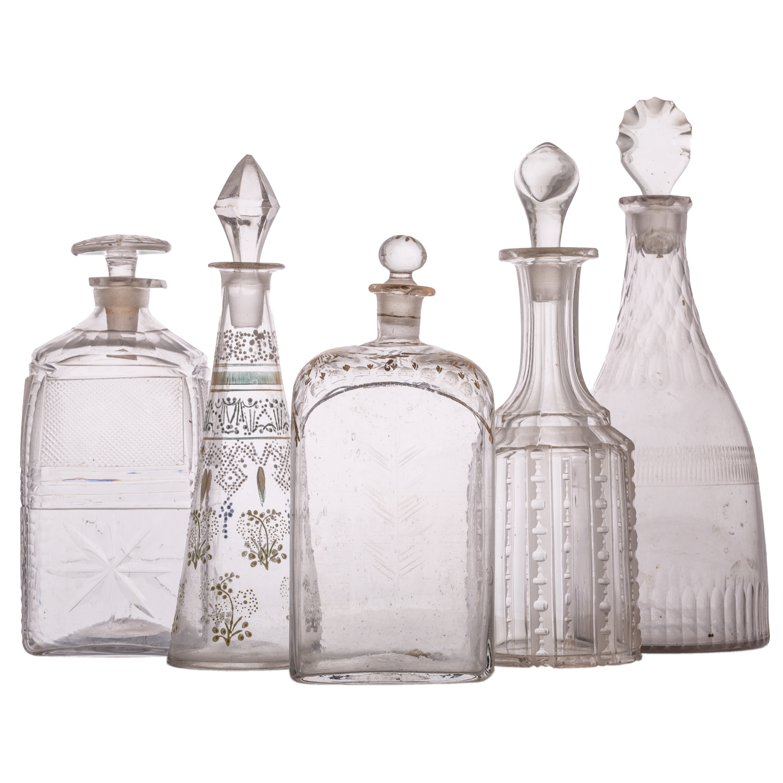 FIVE ASSORTED GLASS DECANTERS